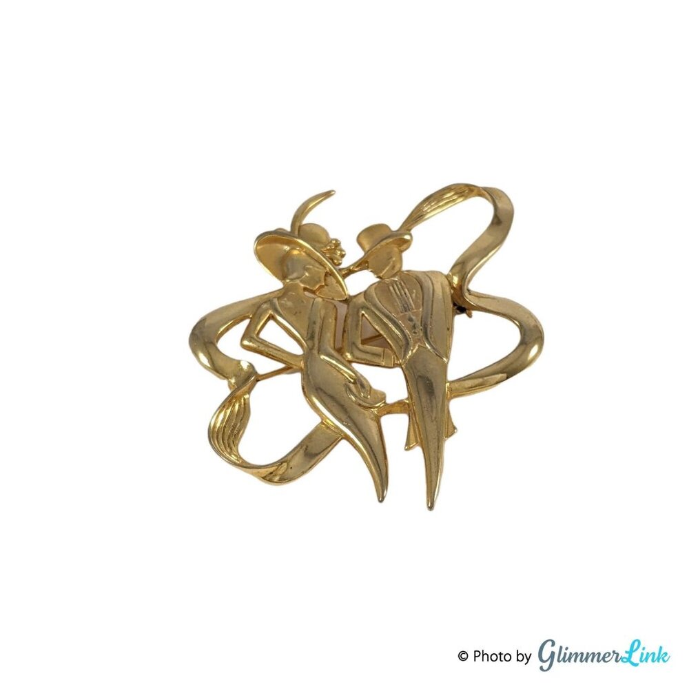 Vintage Jonette Jewelry JJ Elegant Couple Dancers Celebrating Gold Tone Brooch